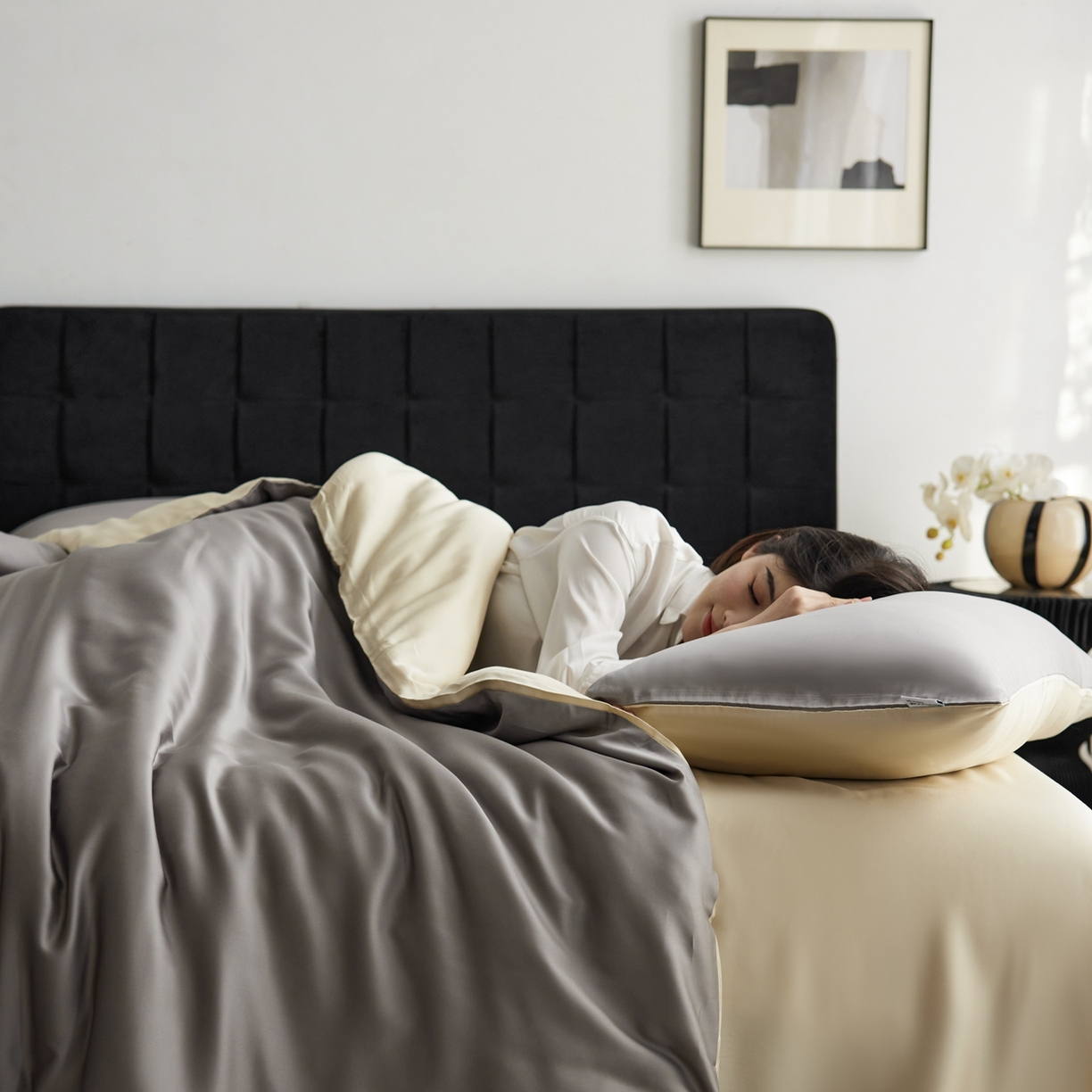 91家纺网 家纺一手货源 找家纺 玉宇阁家居 2026春夏60s兰精天丝拼色四件套 都市灰香槟