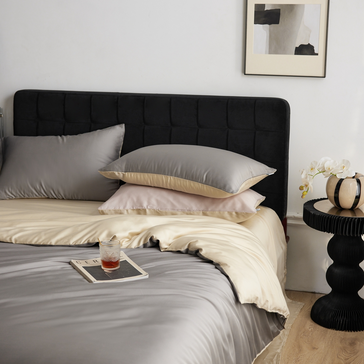 91家纺网 家纺一手货源 找家纺 玉宇阁家居 2026春夏60s兰精天丝拼色四件套 都市灰香槟