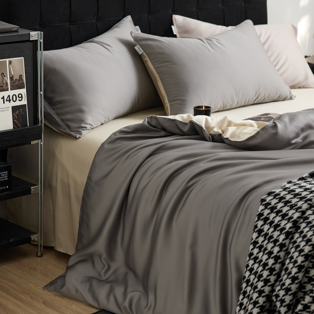 玉宇阁家居 2026春夏60s兰精天丝拼色四件套 都市灰香槟