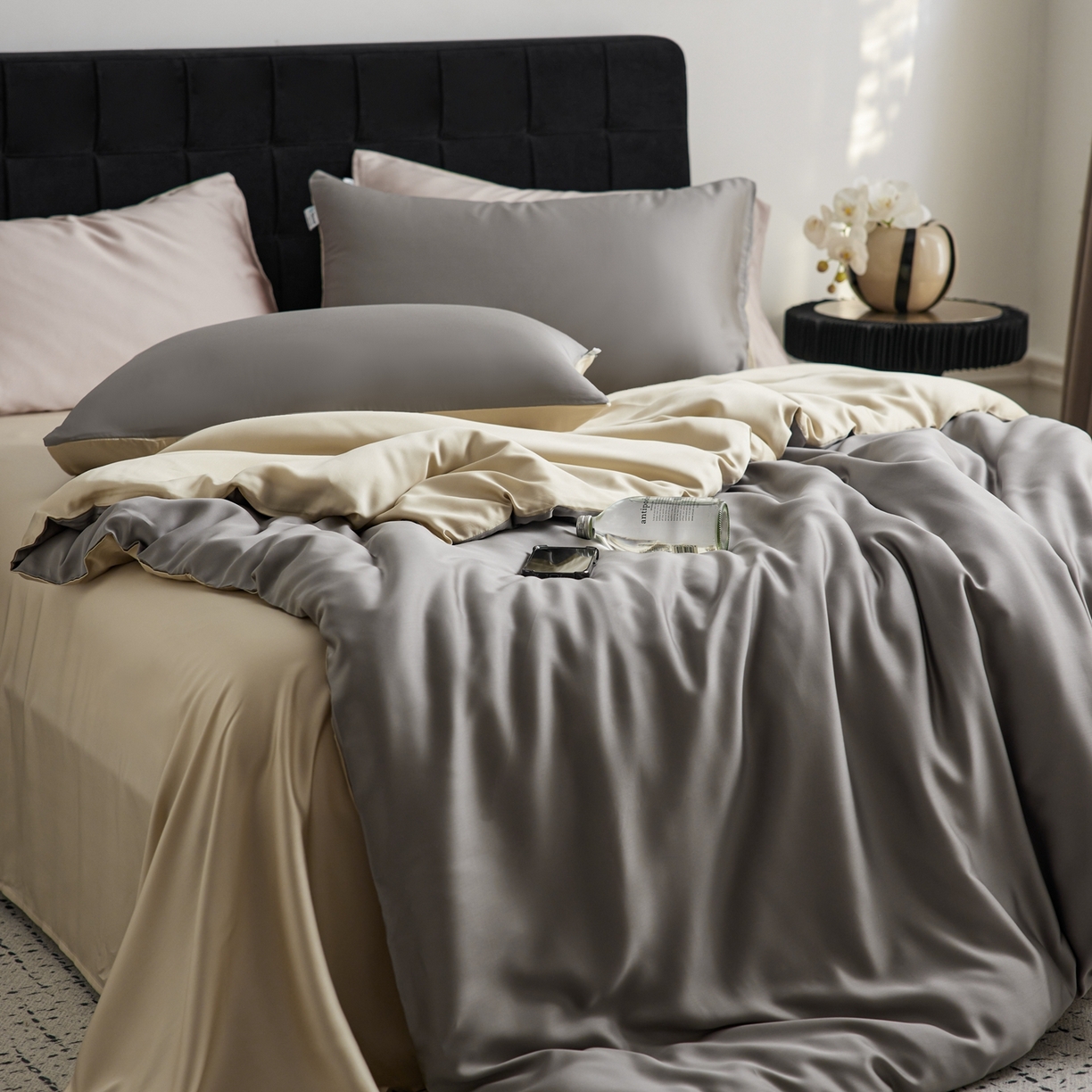 91家纺网 家纺一手货源 找家纺 玉宇阁家居 2026春夏60s兰精天丝拼色四件套 都市灰香槟