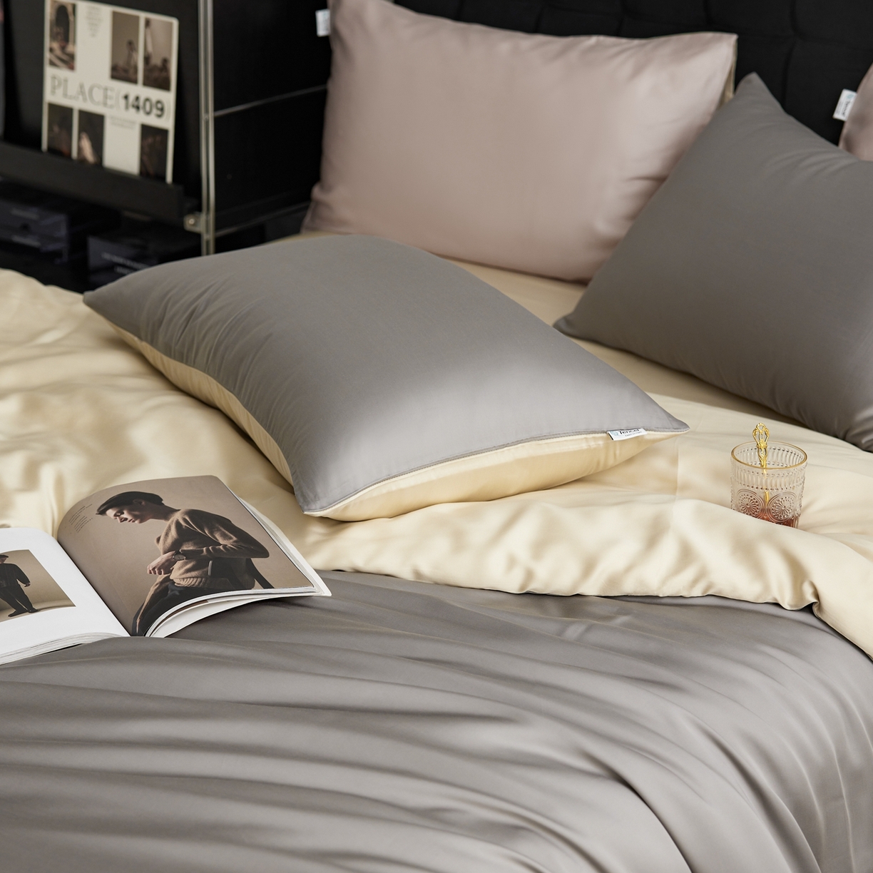 91家纺网 家纺一手货源 找家纺 玉宇阁家居 2026春夏60s兰精天丝拼色四件套 都市灰香槟