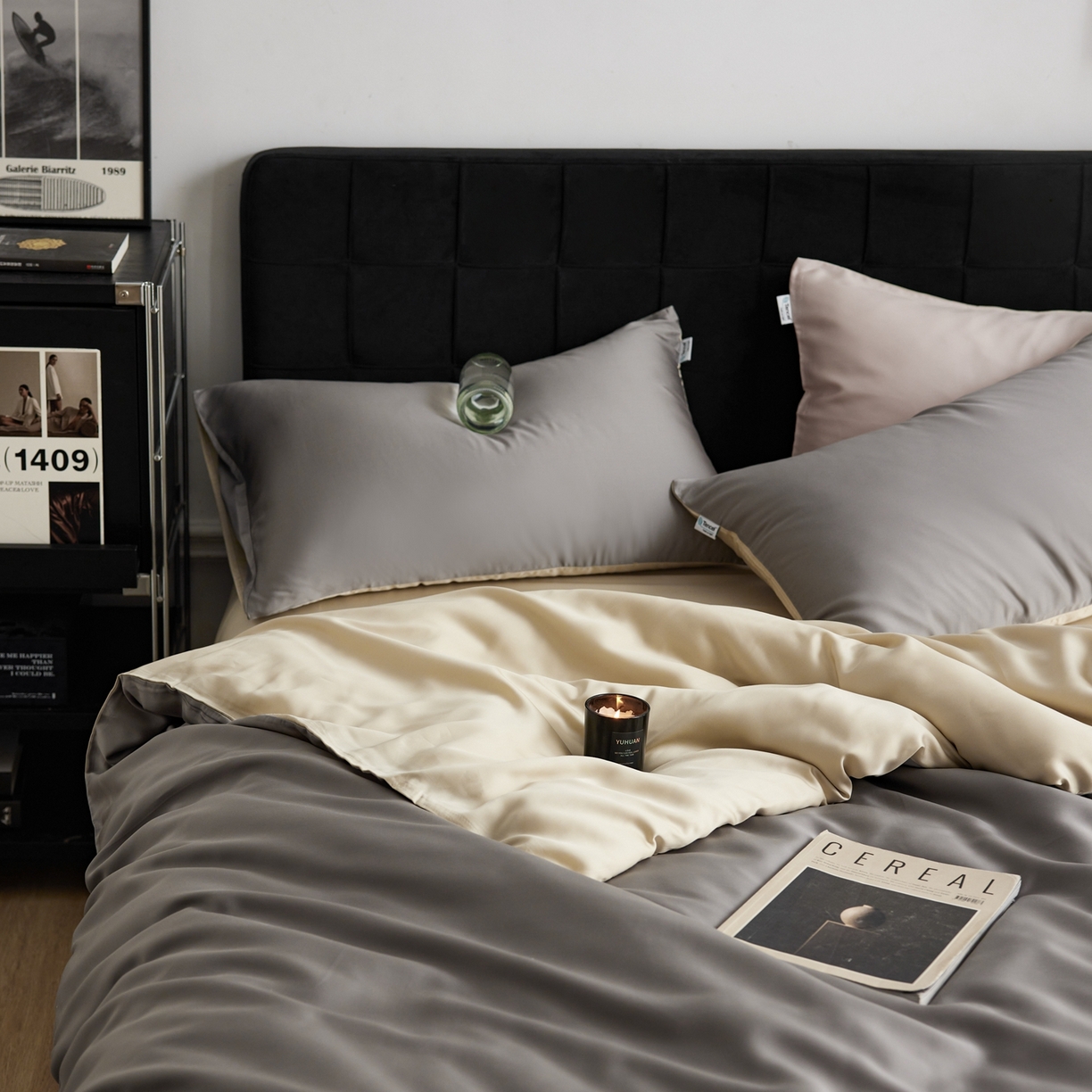 91家纺网 家纺一手货源 找家纺 玉宇阁家居 2026春夏60s兰精天丝拼色四件套 都市灰香槟