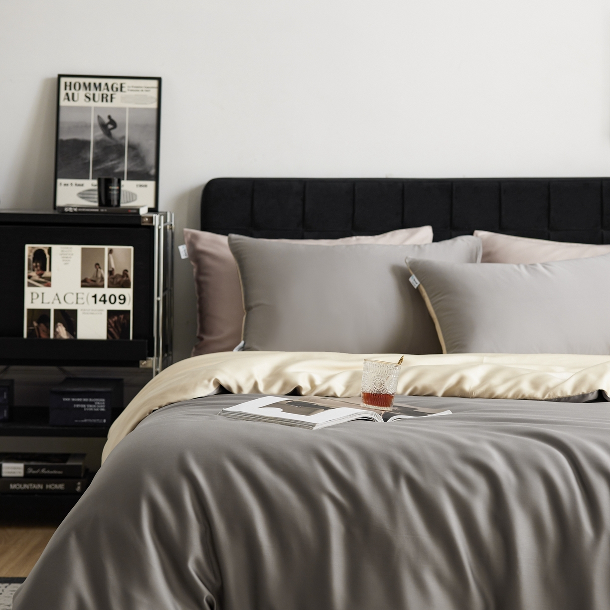 91家纺网 家纺一手货源 找家纺 玉宇阁家居 2026春夏60s兰精天丝拼色四件套 都市灰香槟