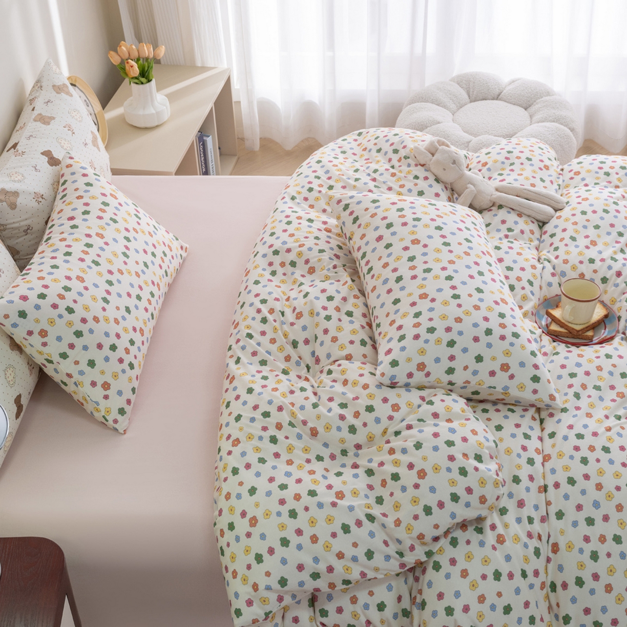 91家纺网 家纺一手货源 找家纺 梦可莱家居 2026新款全棉纯棉针织棉印花可爱卡通系列四件套 七彩花