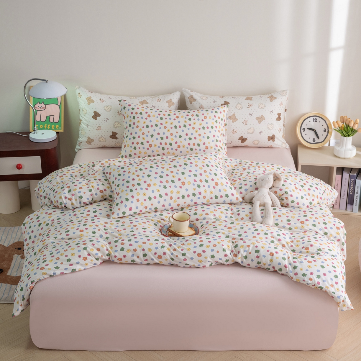 91家纺网 家纺一手货源 找家纺 梦可莱家居 2026新款全棉纯棉针织棉印花可爱卡通系列四件套 七彩花