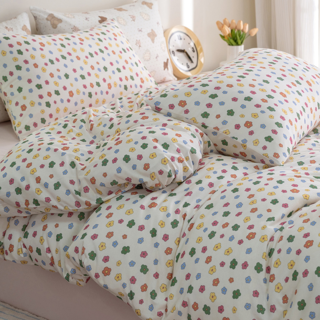 91家纺网 家纺一手货源 找家纺 梦可莱家居 2026新款全棉纯棉针织棉印花可爱卡通系列四件套 七彩花