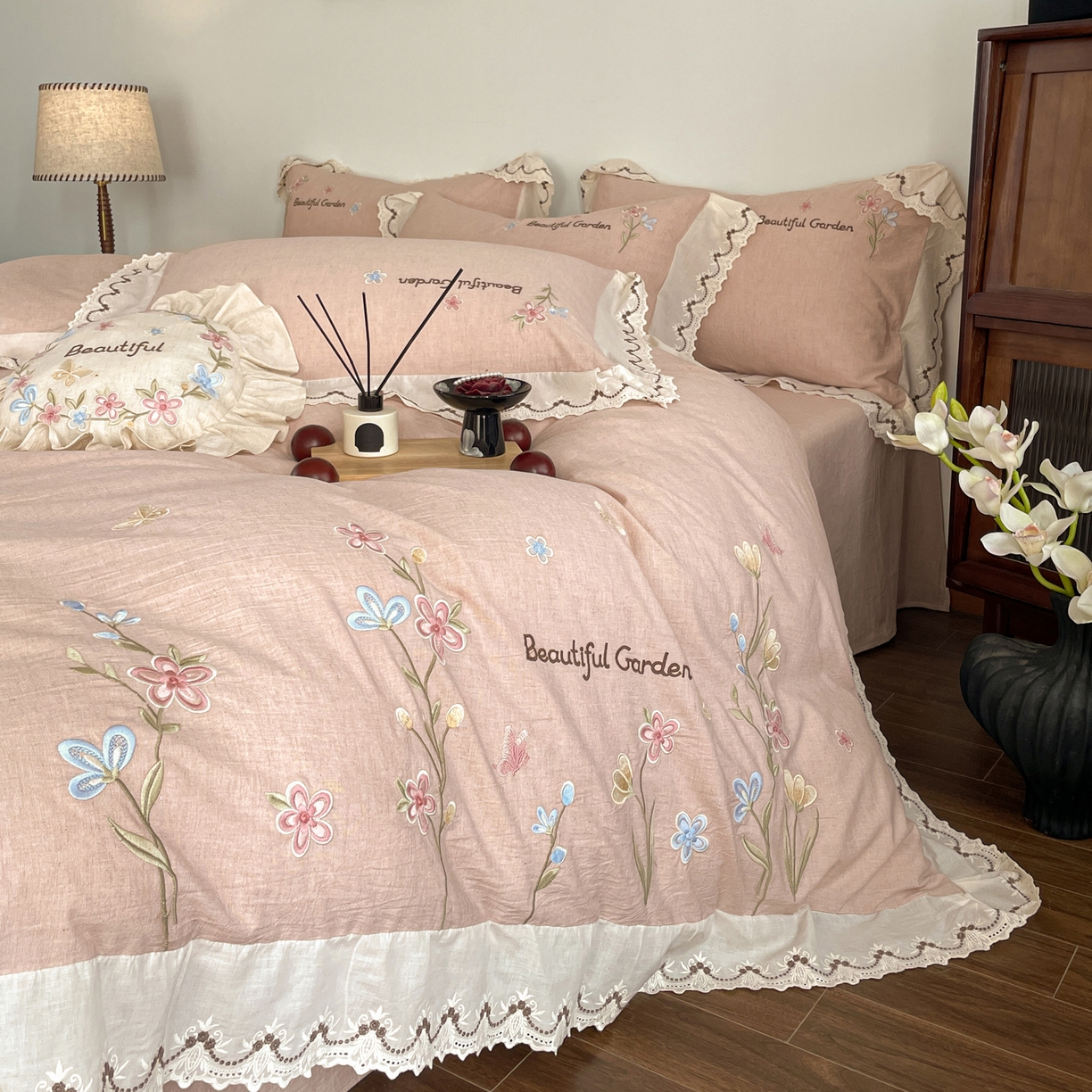 91家纺网 家纺一手货源 找家纺 （总）如一 2026新款棉麻绣花花边款全棉亚麻四件套