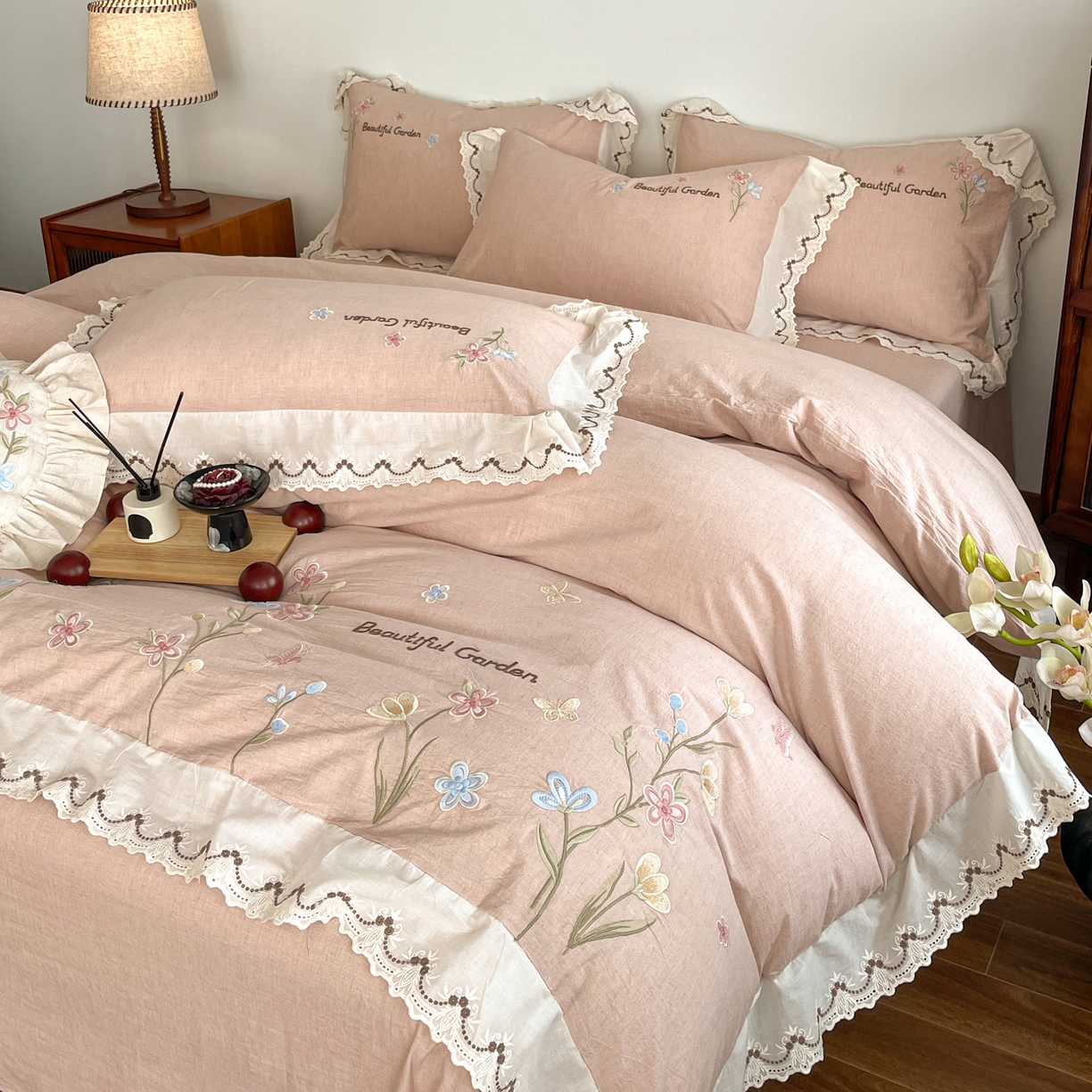 91家纺网 家纺一手货源 找家纺 （总）如一 2026新款棉麻绣花花边款全棉亚麻四件套