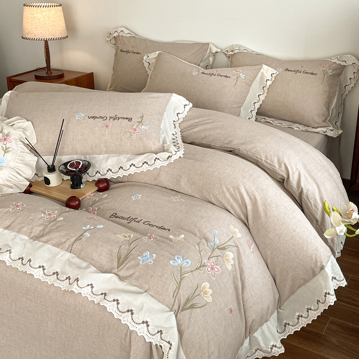 如一 2026新款棉麻绣花花边款全棉亚麻四件套 花间-咖