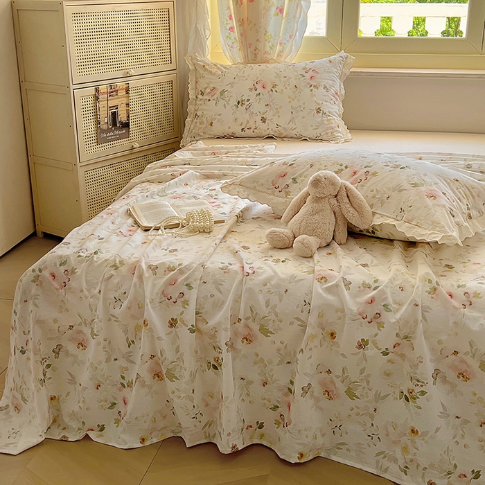 91家纺网 家纺一手货源 找家纺 （总）爱彼家纺 2026春夏新款云感水洗棉床单清新碎花床单三件套