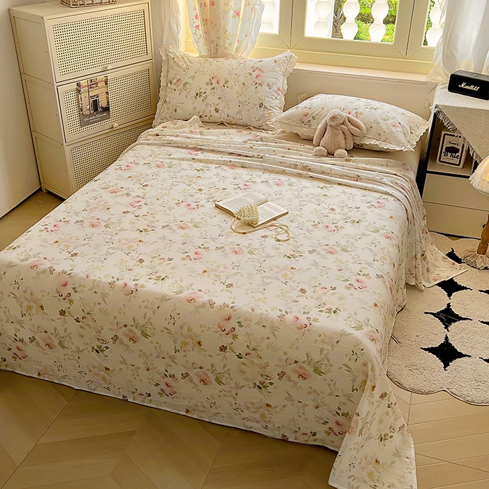 91家纺网 家纺一手货源 找家纺 爱彼家纺 2026春夏新款云感水洗棉床单清新碎花床单三件套 云感-春花秋月