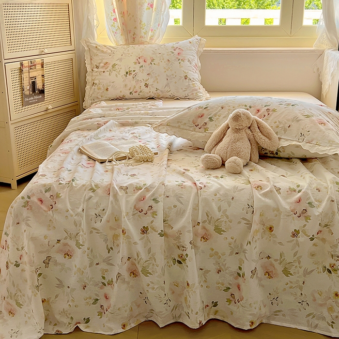 91家纺网 家纺一手货源 找家纺 爱彼家纺 2026春夏新款云感水洗棉床单清新碎花床单三件套 云感-春花秋月