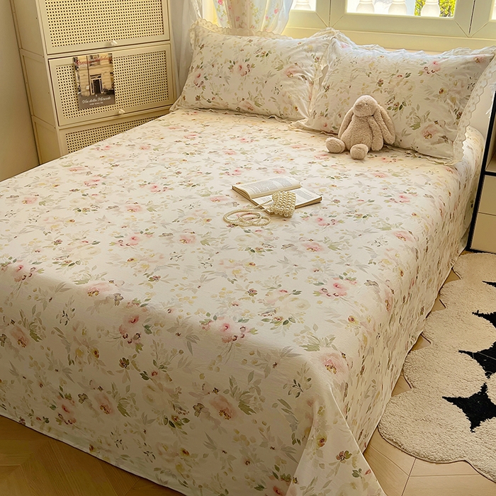 91家纺网 家纺一手货源 找家纺 爱彼家纺 2026春夏新款云感水洗棉床单清新碎花床单三件套 云感-春花秋月