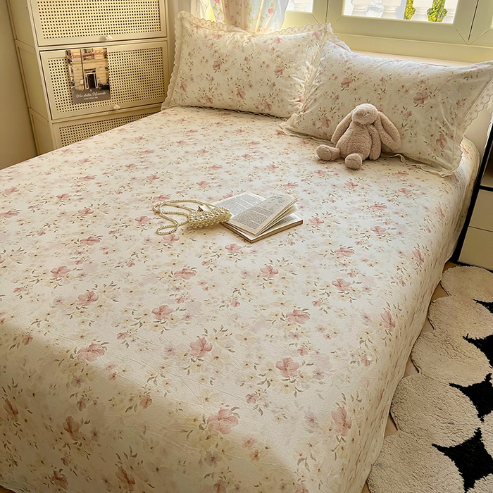 91家纺网 家纺一手货源 找家纺 爱彼家纺 2026春夏新款云感水洗棉床单清新碎花床单三件套 云感-春意