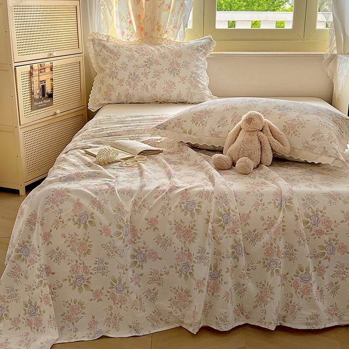 91家纺网 家纺一手货源 找家纺 爱彼家纺 2026春夏新款云感水洗棉床单清新碎花床单三件套 云感-鲜花怒放