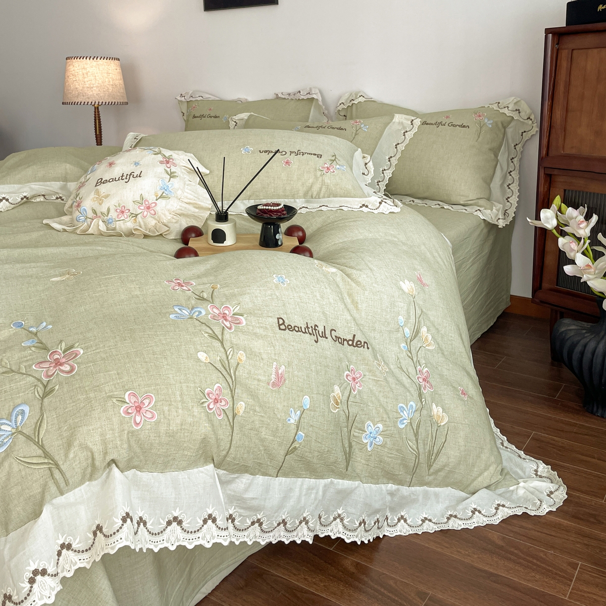 91家纺网 家纺一手货源 找家纺 如一 2026新款棉麻绣花花边款全棉亚麻四件套 花间-绿