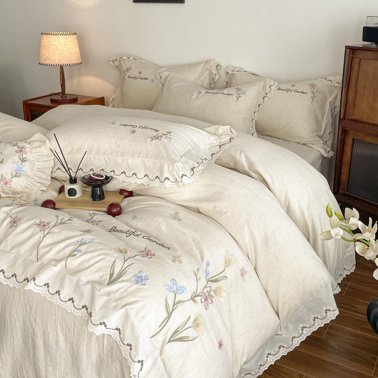 如一 2026新款棉麻绣花花边款全棉亚麻四件套 花间-米