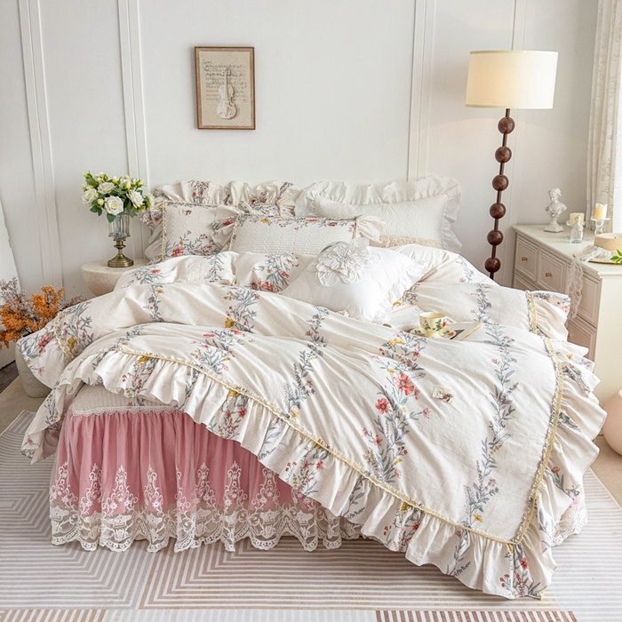 91家纺网 家纺一手货源 找家纺 菊上家纺 2026新款法式田园风蕾丝床裙款四件套 芳菲粉