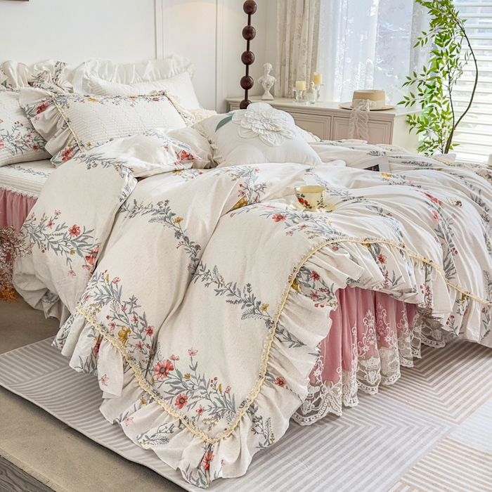 91家纺网 家纺一手货源 找家纺 菊上家纺 2026新款法式田园风蕾丝床裙款四件套 芳菲粉