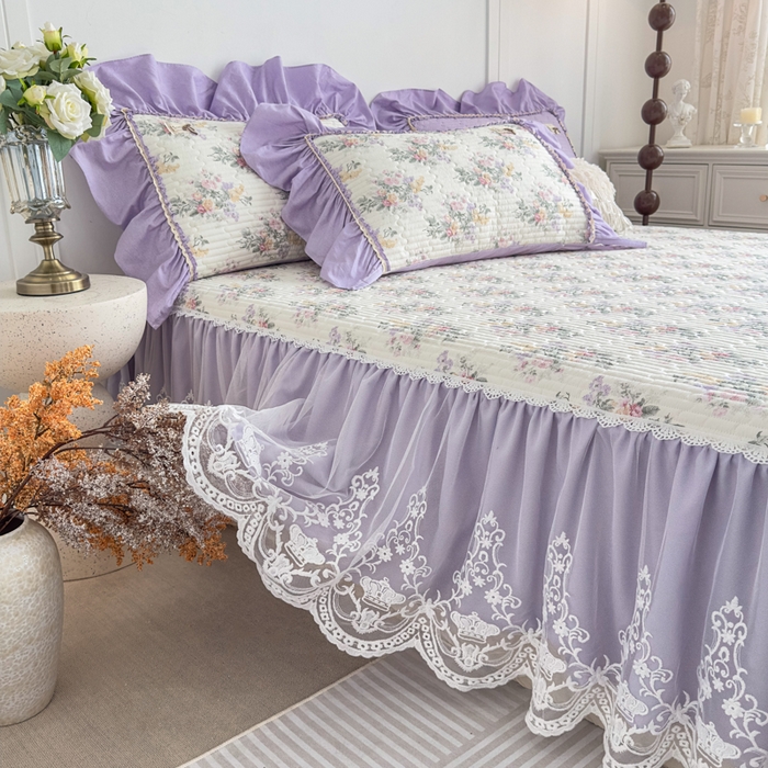 91家纺网 家纺一手货源 找家纺 菊上家纺 2026新款法式田园风蕾丝床裙款四件套 绫香紫
