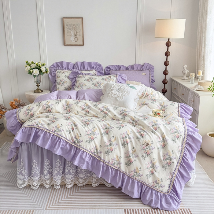 91家纺网 家纺一手货源 找家纺 菊上家纺 2026新款法式田园风蕾丝床裙款四件套 绫香紫