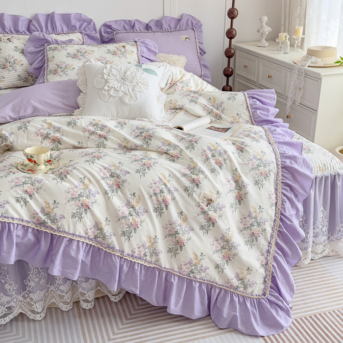 91家纺网 家纺一手货源 找家纺 菊上家纺 2026新款法式田园风蕾丝床裙款四件套 绫香紫