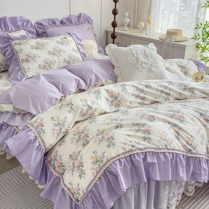 91家纺网 家纺一手货源 找家纺 菊上家纺 2026新款法式田园风蕾丝床裙款四件套 绫香紫