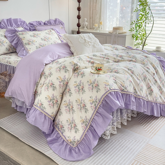 91家纺网 家纺一手货源 找家纺 菊上家纺 2026新款法式田园风蕾丝床裙款四件套 绫香紫