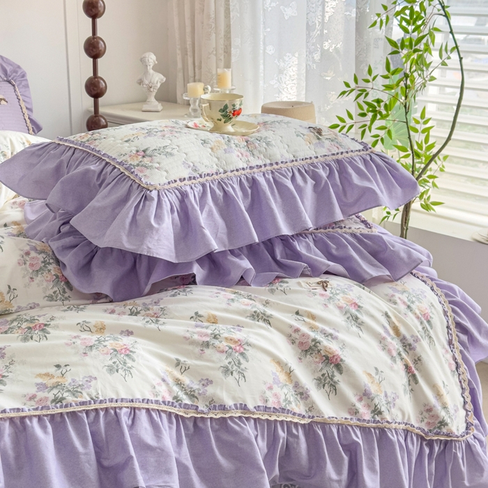 91家纺网 家纺一手货源 找家纺 菊上家纺 2026新款法式田园风蕾丝床裙款四件套 绫香紫