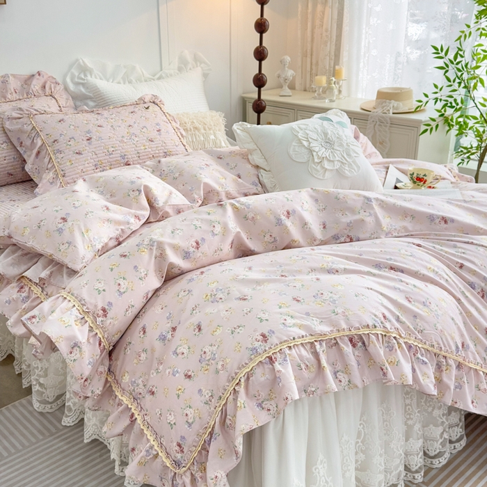 91家纺网 家纺一手货源 找家纺 菊上家纺 2026新款法式田园风蕾丝床裙款四件套 梦迪粉