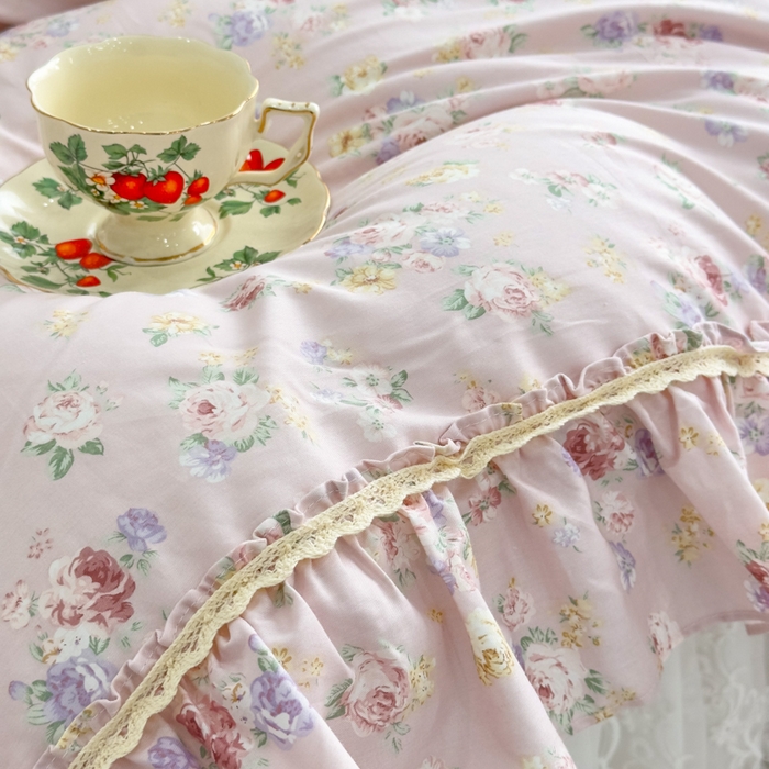 91家纺网 家纺一手货源 找家纺 菊上家纺 2026新款法式田园风蕾丝床裙款四件套 梦迪粉