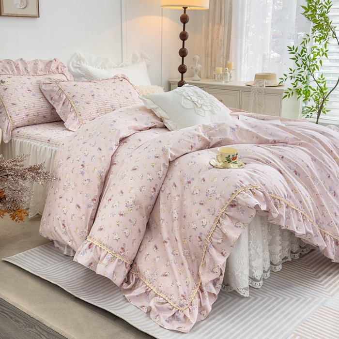 91家纺网 家纺一手货源 找家纺 菊上家纺 2026新款法式田园风蕾丝床裙款四件套 梦迪粉