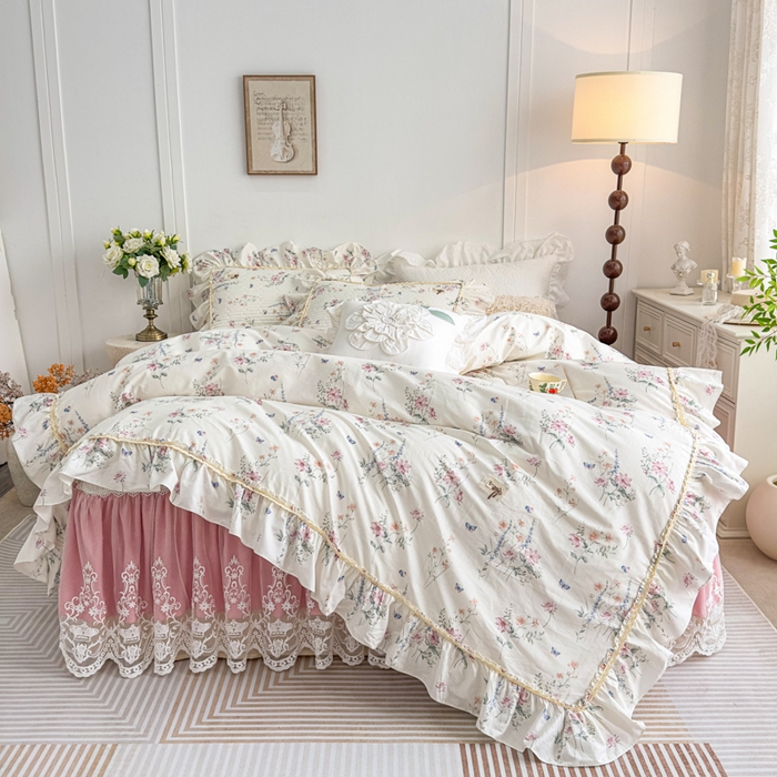 91家纺网 家纺一手货源 找家纺 菊上家纺 2026新款法式田园风蕾丝床裙款四件套 梦兰蔻