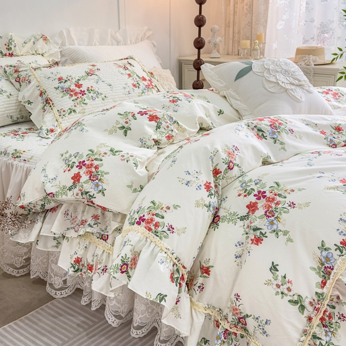 菊上家纺 2026新款法式田园风蕾丝床裙款四件套 梦青栀