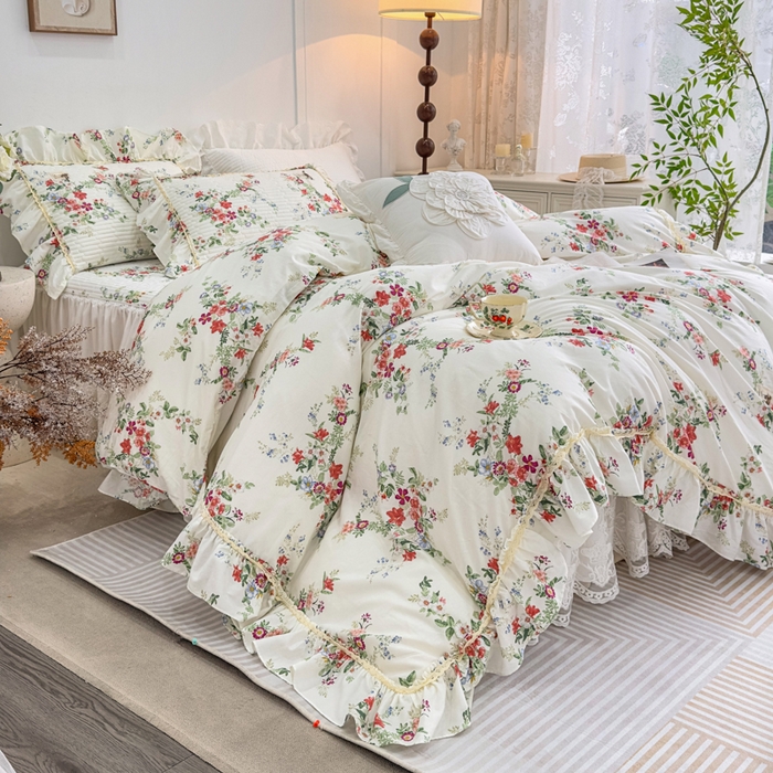 91家纺网 家纺一手货源 找家纺 菊上家纺 2026新款法式田园风蕾丝床裙款四件套 梦青栀