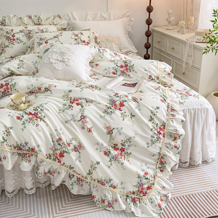 91家纺网 家纺一手货源 找家纺 菊上家纺 2026新款法式田园风蕾丝床裙款四件套 梦青栀