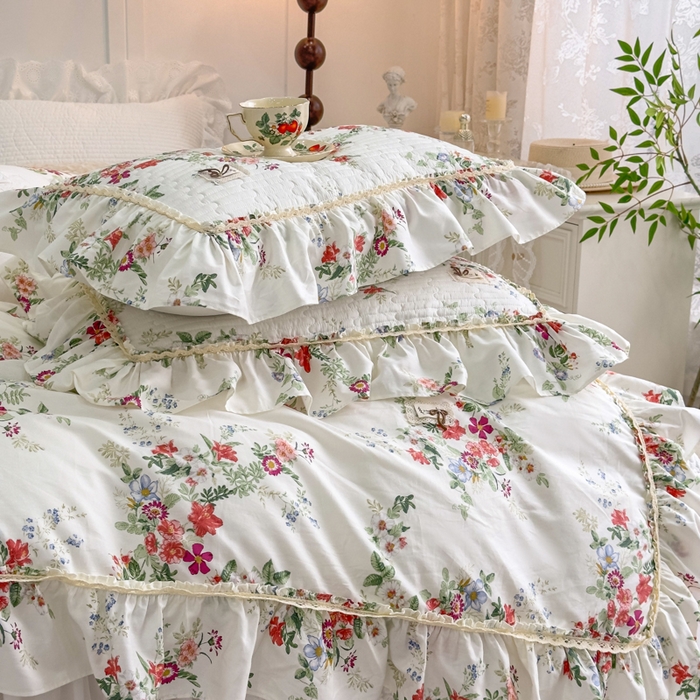 91家纺网 家纺一手货源 找家纺 菊上家纺 2026新款法式田园风蕾丝床裙款四件套 梦青栀