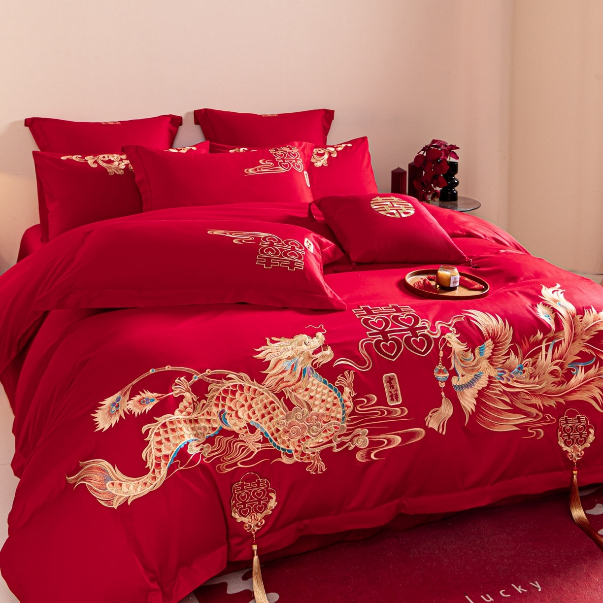 91家纺网 家纺一手货源 找家纺 （总）东方合美（原：皇家传奇） 2026新款纯棉长绒棉刺绣婚庆四件套-龙凤系列