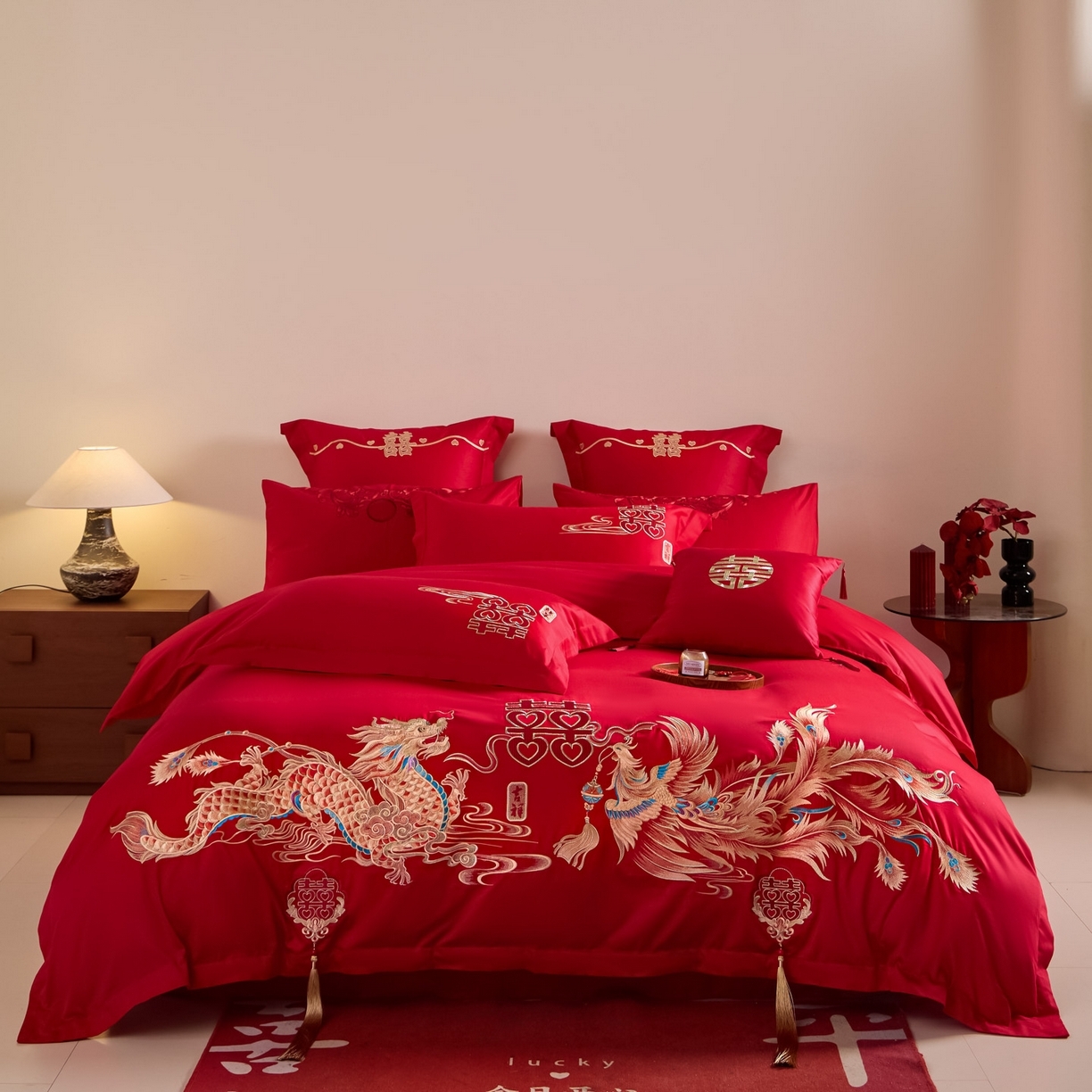 91家纺网 家纺一手货源 找家纺 （总）东方合美（原：皇家传奇） 2026新款纯棉长绒棉刺绣婚庆四件套-龙凤系列