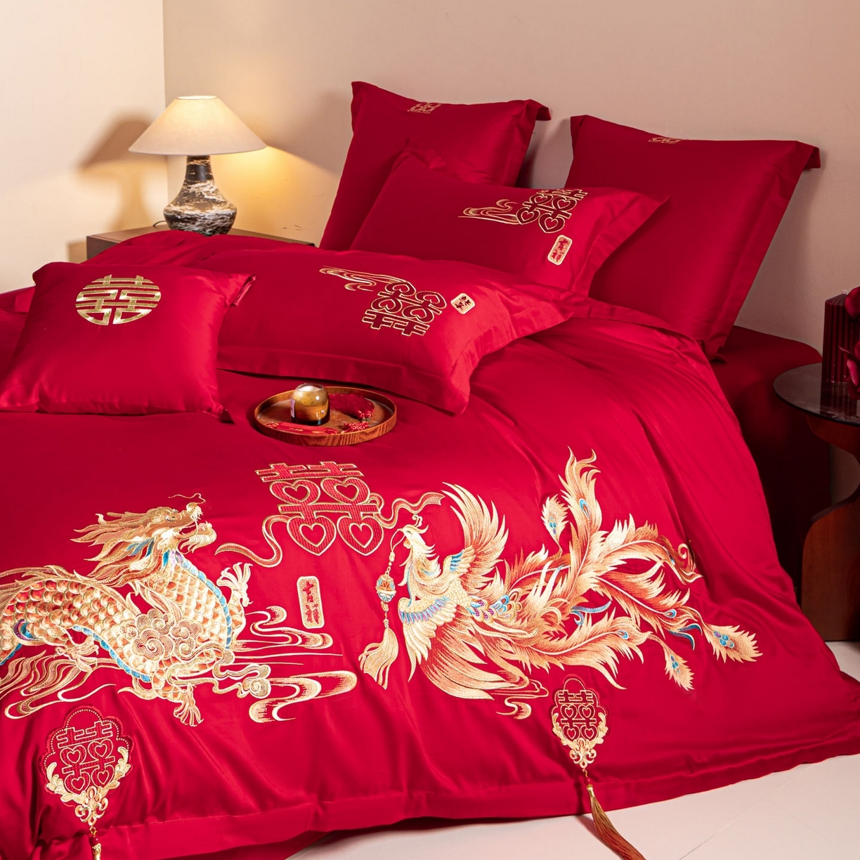 91家纺网 家纺一手货源 找家纺 （总）东方合美（原：皇家传奇） 2026新款纯棉长绒棉刺绣婚庆四件套-龙凤系列