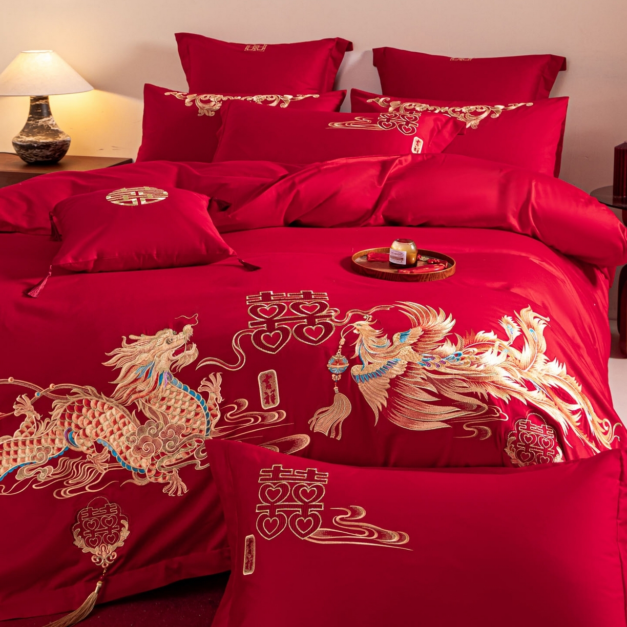 91家纺网 家纺一手货源 找家纺 （总）东方合美（原：皇家传奇） 2026新款纯棉长绒棉刺绣婚庆四件套-龙凤系列