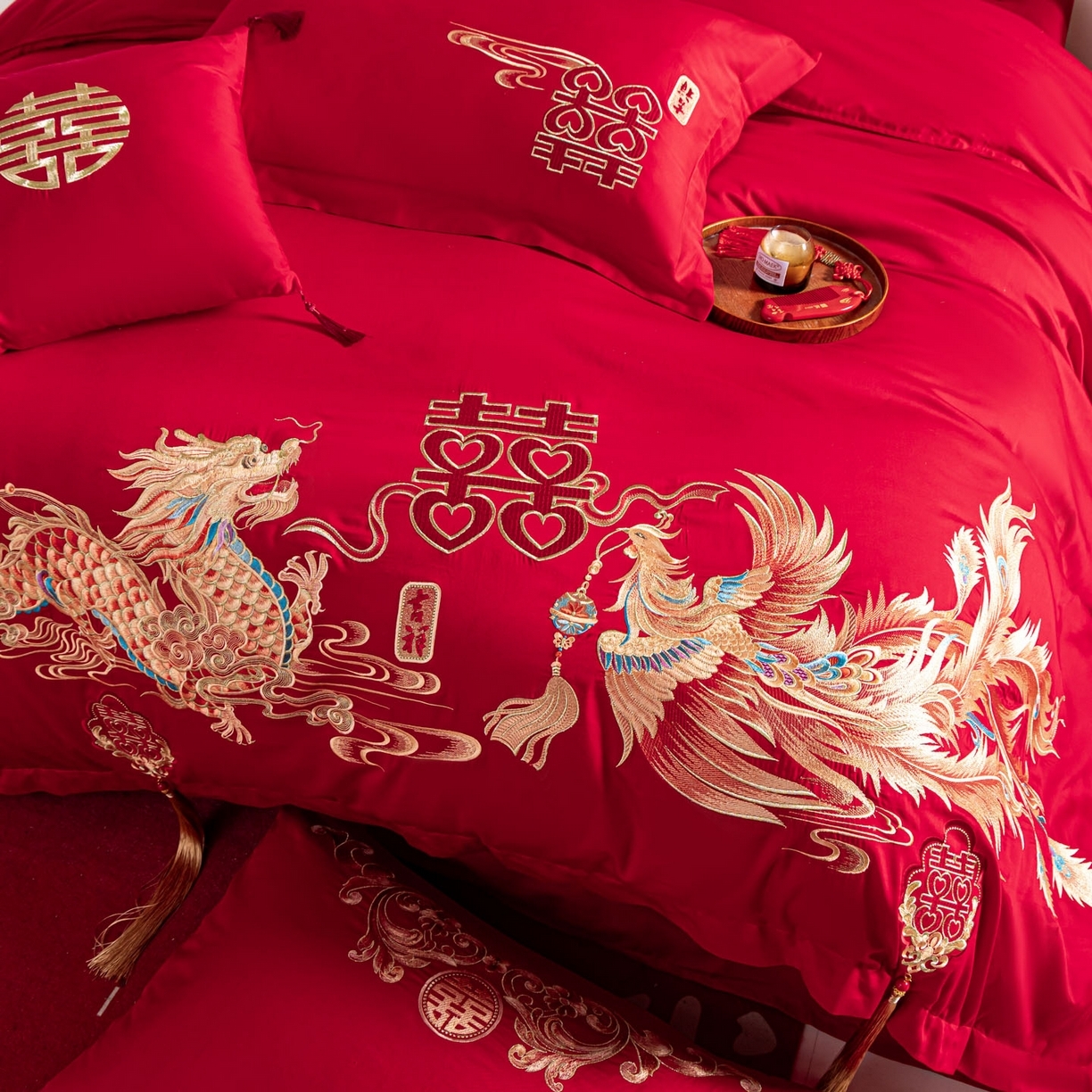 91家纺网 家纺一手货源 找家纺 （总）东方合美（原：皇家传奇） 2026新款纯棉长绒棉刺绣婚庆四件套-龙凤系列