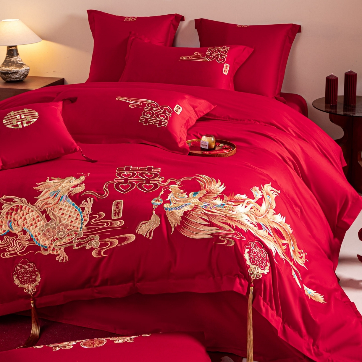 91家纺网 家纺一手货源 找家纺 （总）东方合美（原：皇家传奇） 2026新款纯棉长绒棉刺绣婚庆四件套-龙凤系列