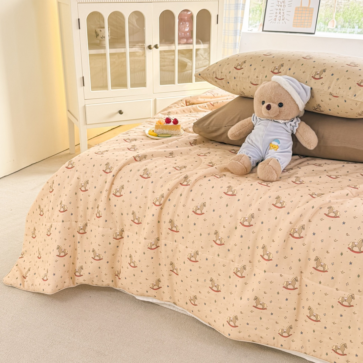 91家纺网 家纺一手货源 找家纺 梵克保罗 2026新款A类全棉双层纱夏被夏凉被空调被 小木马咖