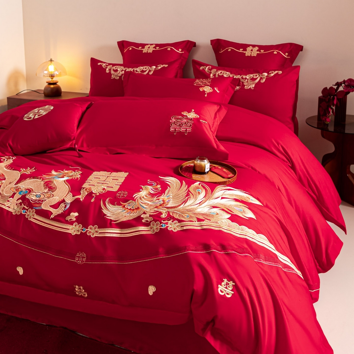 91家纺网 家纺一手货源 找家纺 东方合美（原：皇家传奇） 2026新款纯棉长绒棉刺绣婚庆四件套-龙凤系列 龙凤爱恋