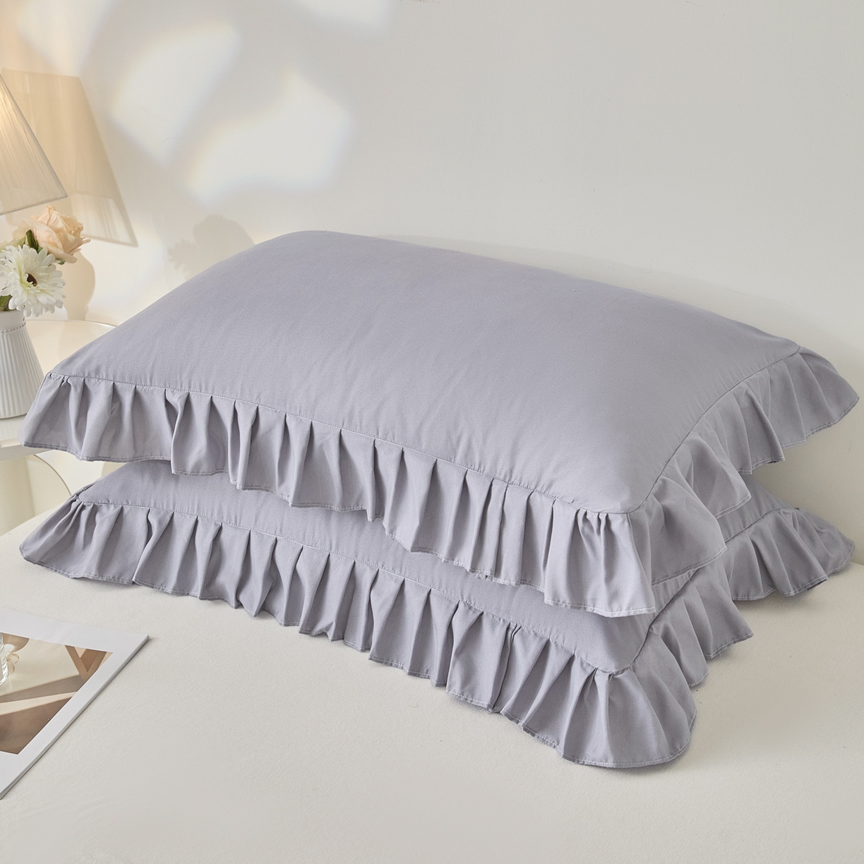 91家纺网 家纺一手货源 找家纺 梵克保罗 2026新款纯色系列花边单枕套 枕套单件 浅灰