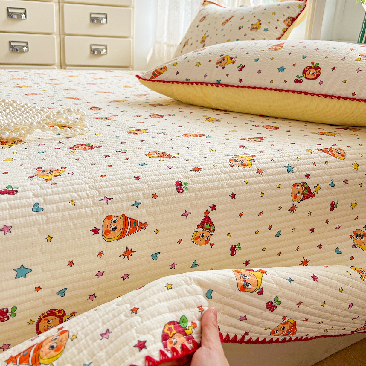 91家纺网 家纺一手货源 找家纺 恒尚居 2026新款A类贝壳绣泡芙纱床盖四套件泡芙棉双层纱床垫床褥 奶黄星星人