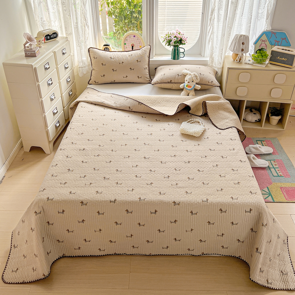 91家纺网 家纺一手货源 找家纺 （总）恒尚居 2026新款A类贝壳绣泡芙纱床盖四套件泡芙棉双层纱床垫床褥