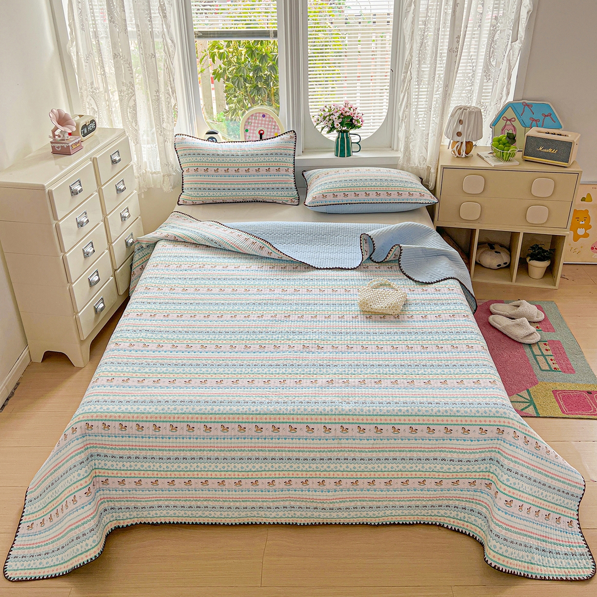 91家纺网 家纺一手货源 找家纺 （总）恒尚居 2026新款A类贝壳绣泡芙纱床盖四套件泡芙棉双层纱床垫床褥