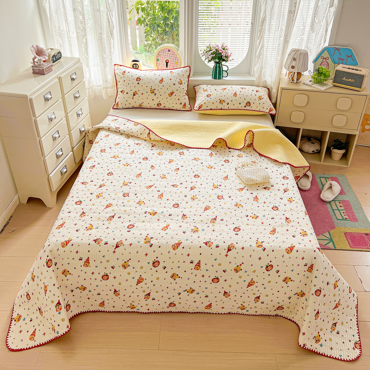 恒尚居 2026新款A类贝壳绣泡芙纱床盖四套件泡芙棉双层纱床垫床褥 奶黄星星人